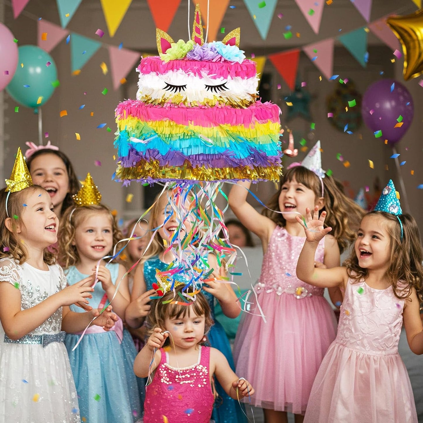 WERNNSAI Unicorn Cake Piñata Foldable - Unicorn Party Decorations Pink Girl Birthday Party Games Princess Pinata with Blindfold Bat and Tassels Happy Birthday Supplies for Kids Girls Classroom Game