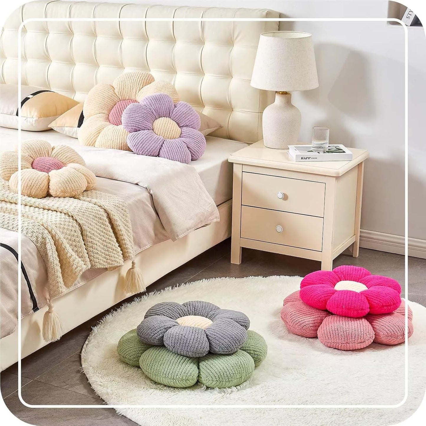 Soft White Pink 17.7" Flower Pillow for Home Decor, Cute Shaped Floor Pillow Aesthetic Plush Decorative Pillow for Bed Sofa Couch