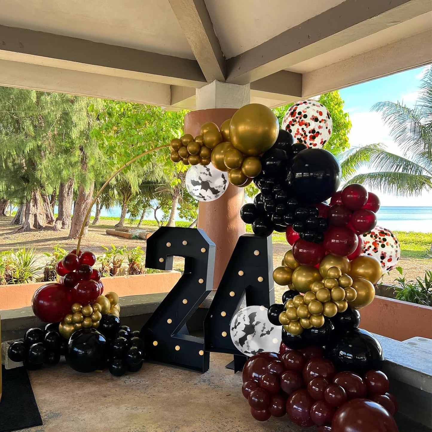 Black Burgundy Balloons, 52 PCS Burgundy Gold Balloons, 12 Inch Red Black Latex Balloon with Confetti Bat Printed Balloon for Kids Party Decorations