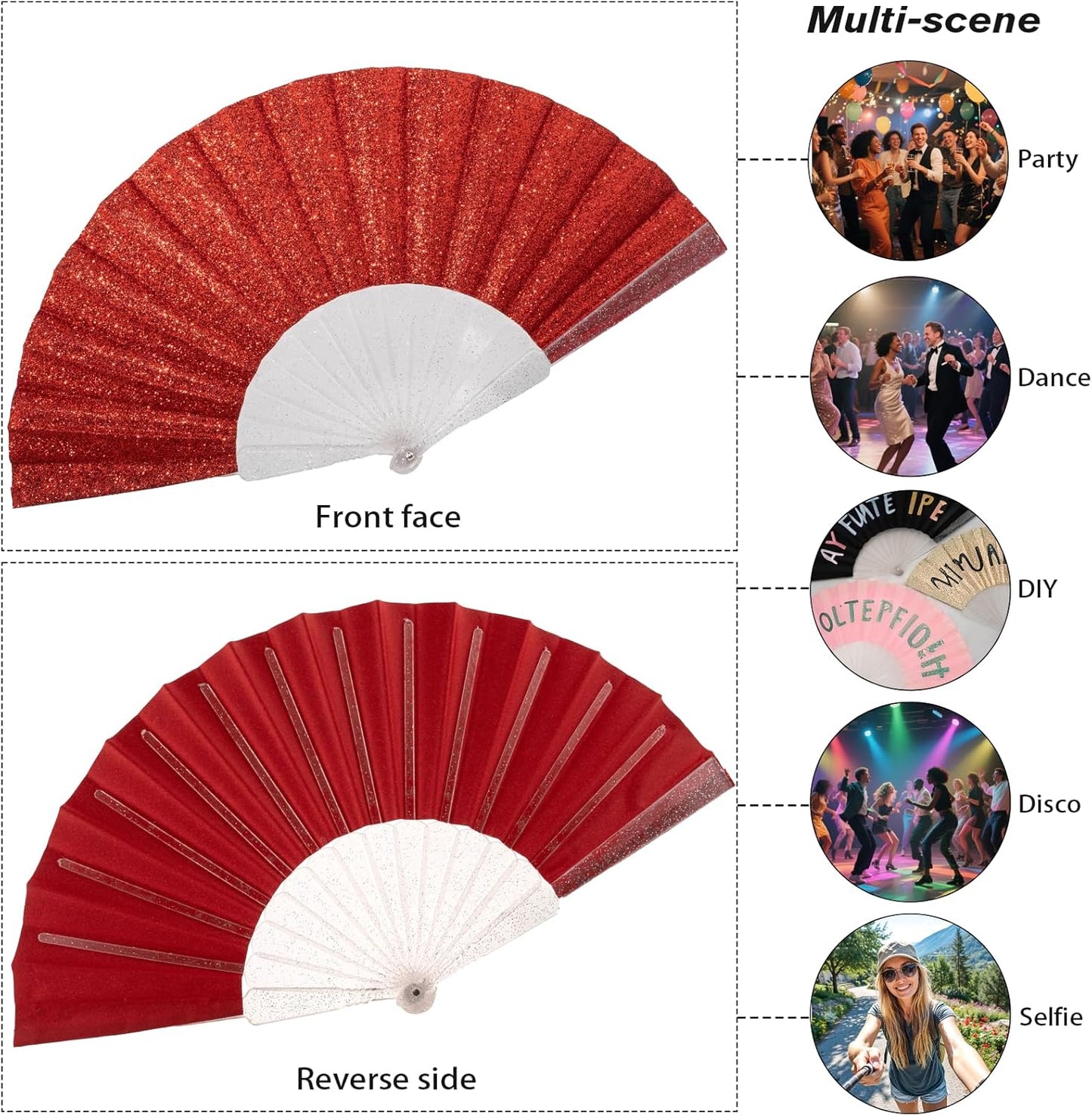 48 Pack Handheld Fan,Folding Hand Glitter fan with Shining Transparent Fan Rib – Ideal for Wedding, Church, Festival, Dance, Tea Party, Club, and EDM Accessories, Red