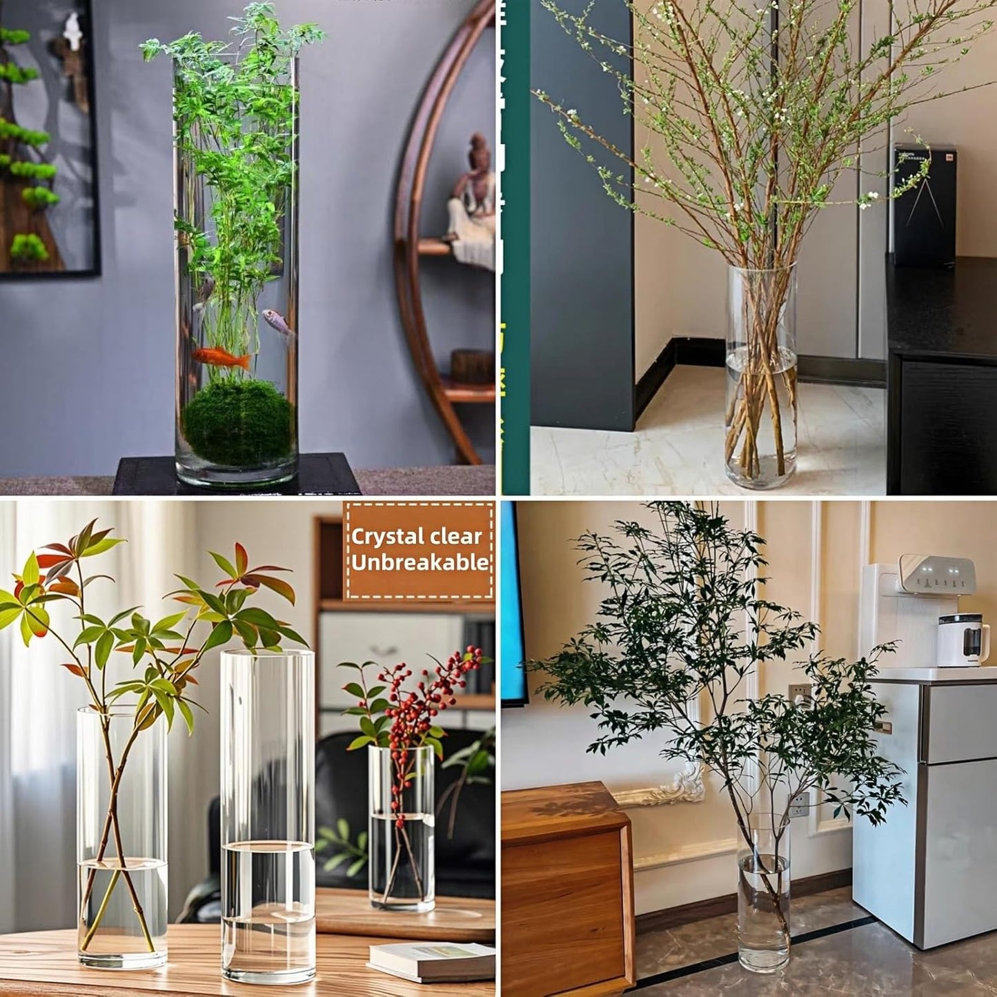 Extra Large Acrylic Cylinder Clear Vase for Floor, Tall Big Wide Mouth Plastic Unbreakable Hurricane Flower Vases of 3 for Home Decor (D 8" X H 19.7", D 6", D 4.8" + 2 Holder)