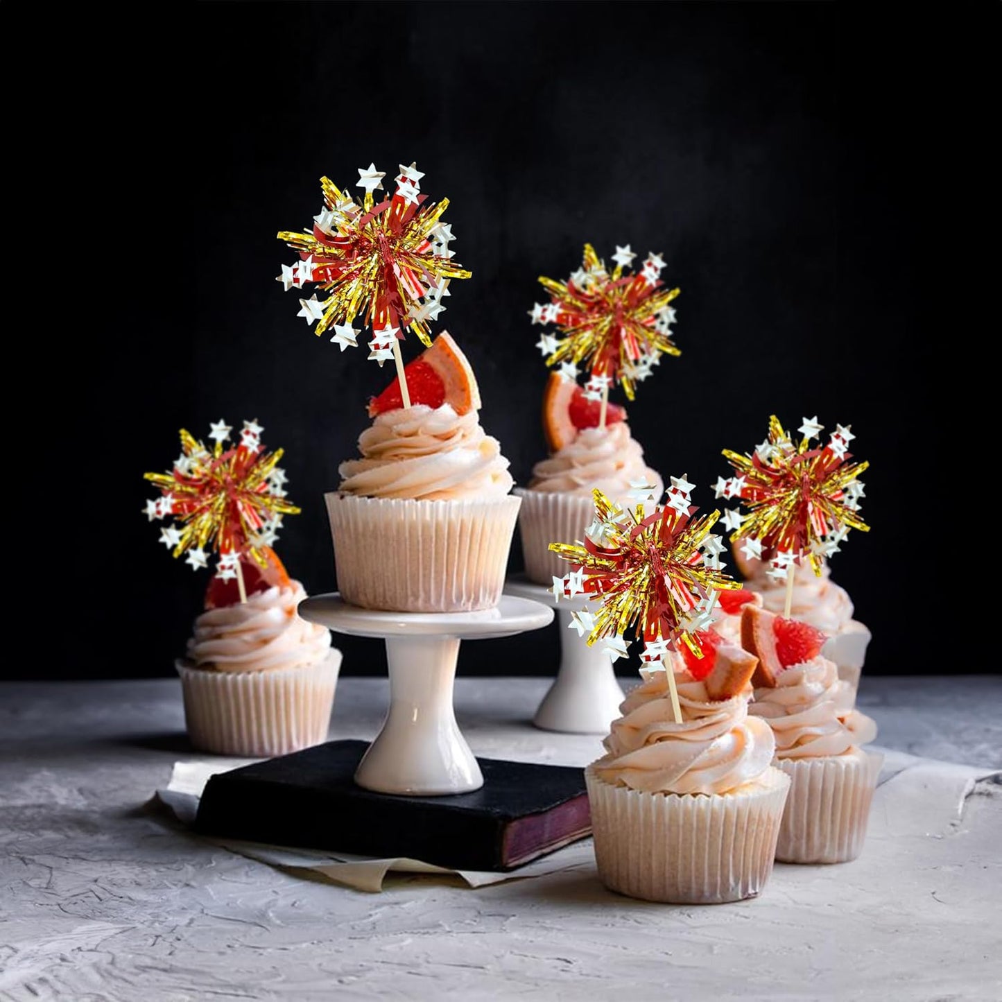 Ephlyn 30Pcs Foil Firework Cupcake Toppers Sparkle Tinsel Cupcake Picks Happy Birthday Cake Decorations Drink Stirrers Cocktail Food Fruit Toothpicks for Baby Shower Graduation Party Supplies Gold Red