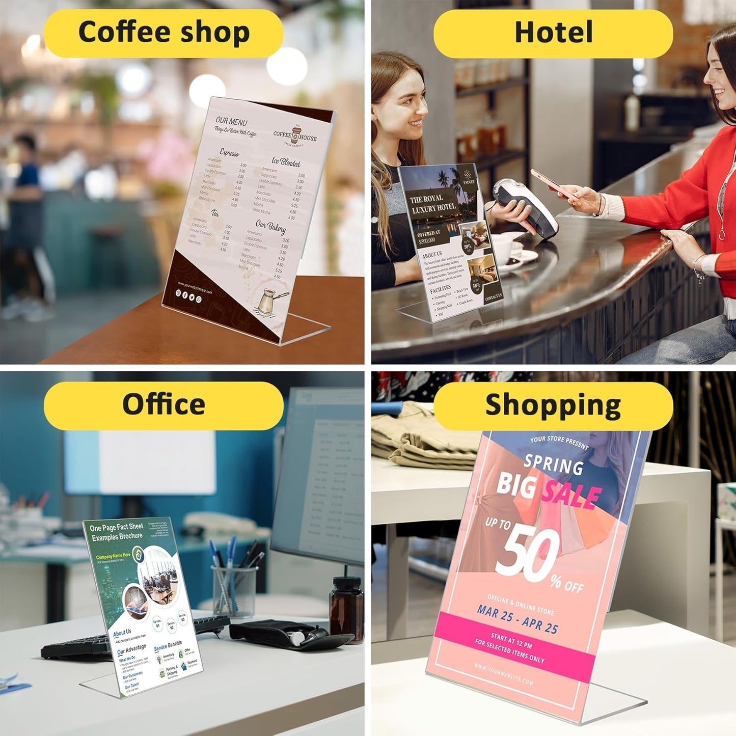 12 Pack Acrylic Sign Holder, Clear 8.5 x 11 Inch Slant Back Vertical Sign Holder, Tabletop Plastic Paper Picture Frame Flyer Document Holder Display Stand for Home, Office, Restaurants, and Stores