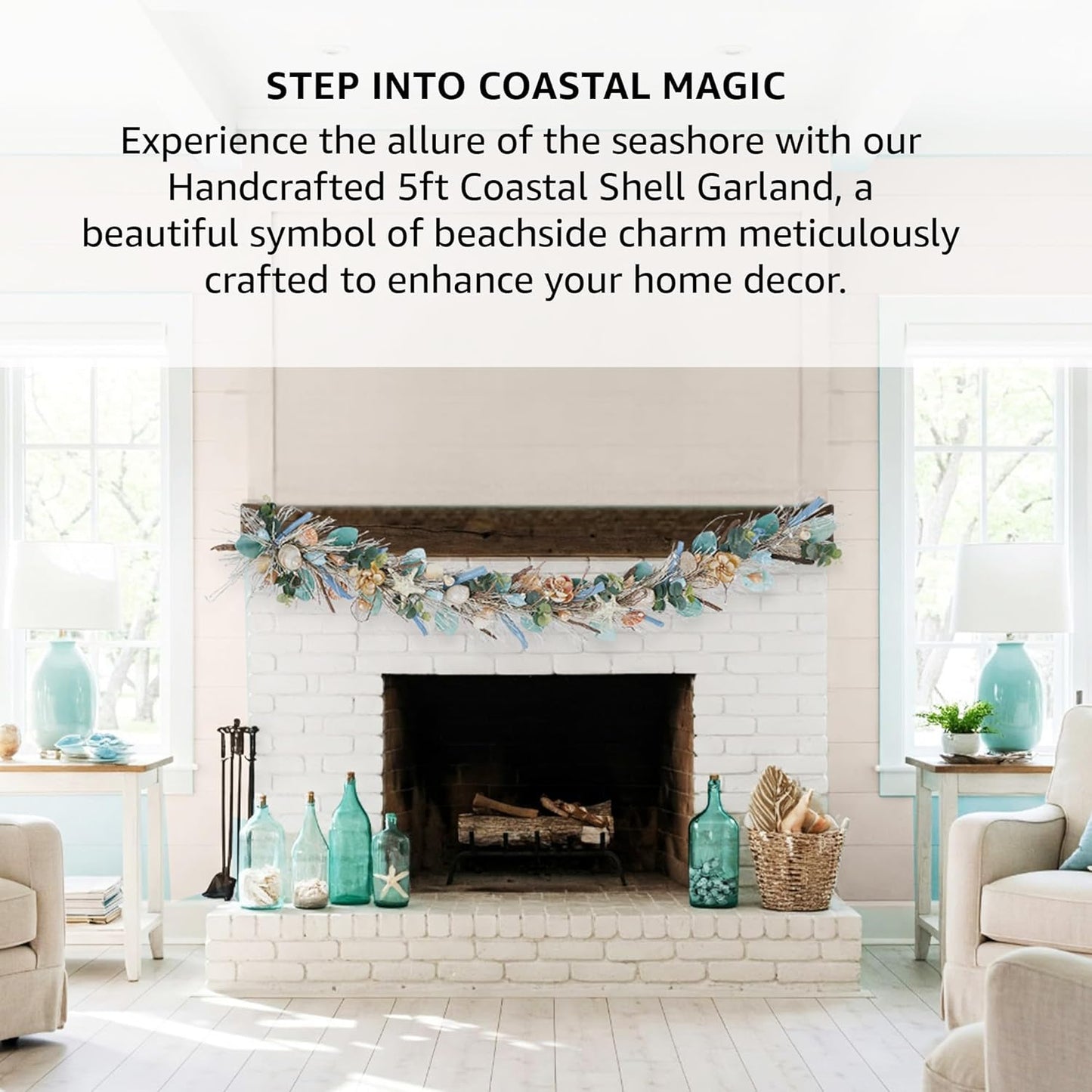 5' Coastal Shell Garland – Handcrafted Holiday Tree Wall Decor with Capiz Shells, Driftwood & Twigs – Coastal Elegance for Home, Mantle Decor, Bedroom, Dining & Doorway