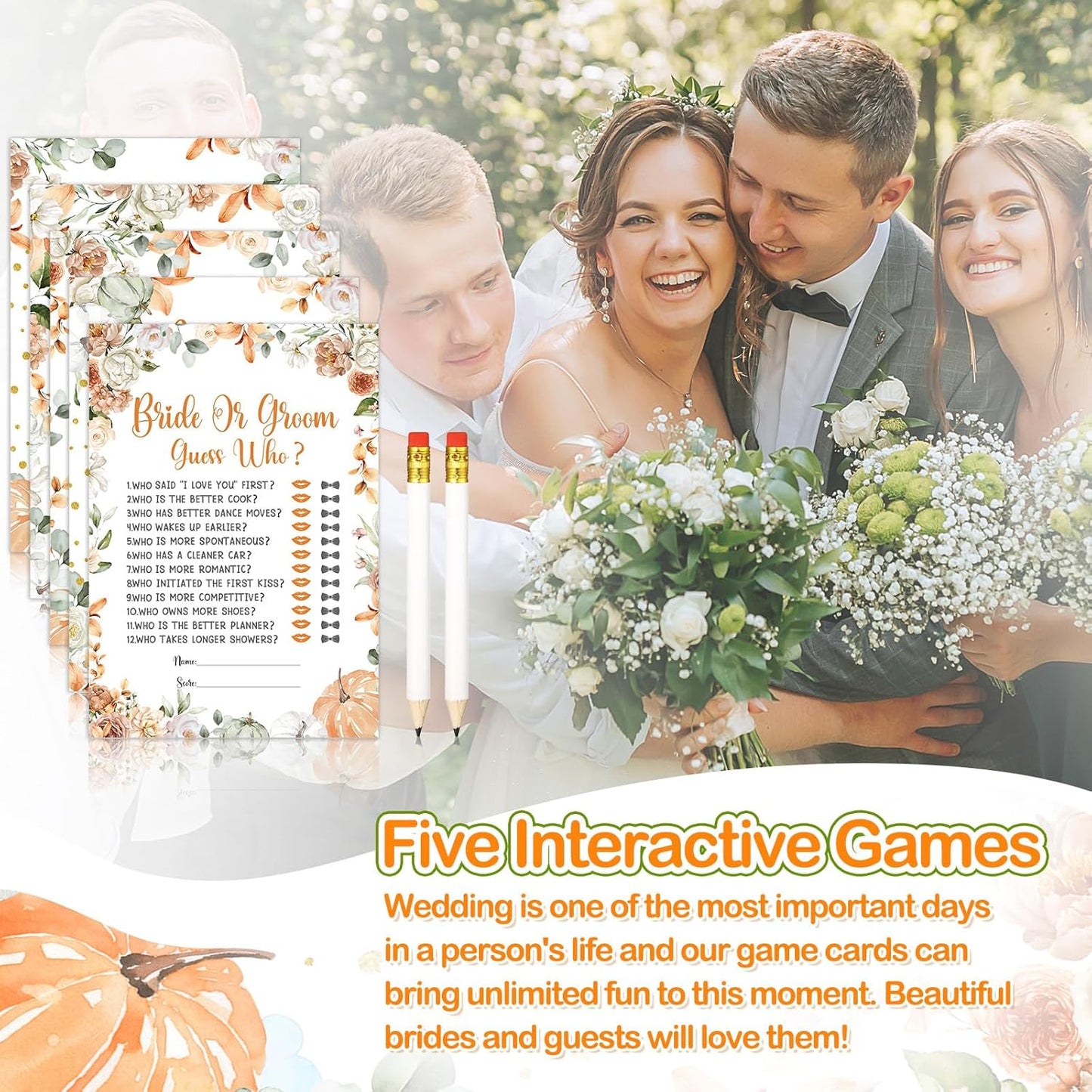 Teling 145 Pieces Bridal Shower Game Bridal Shower Favors Set Wedding Games Cards and Pencils for Bride Groom Bachelorette Party Wedding Party Favor(Little Pumpkin Style)