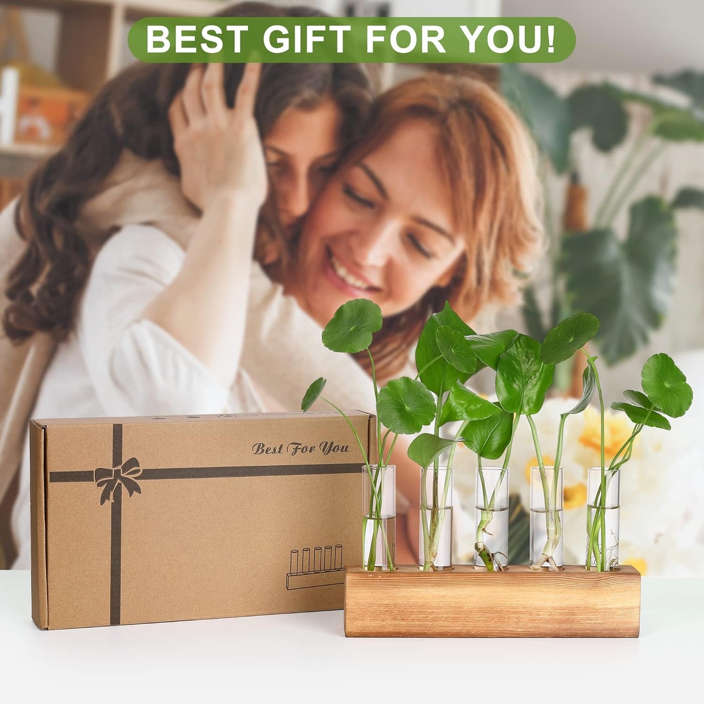 YIBOT Propagation Stations, Plant Terrarium with Wooden Stand, Birthday Gardening Gifts for Women Mom Plant Lovers,Home Office Desk Decor, 5 Glass Test Tubes Vases