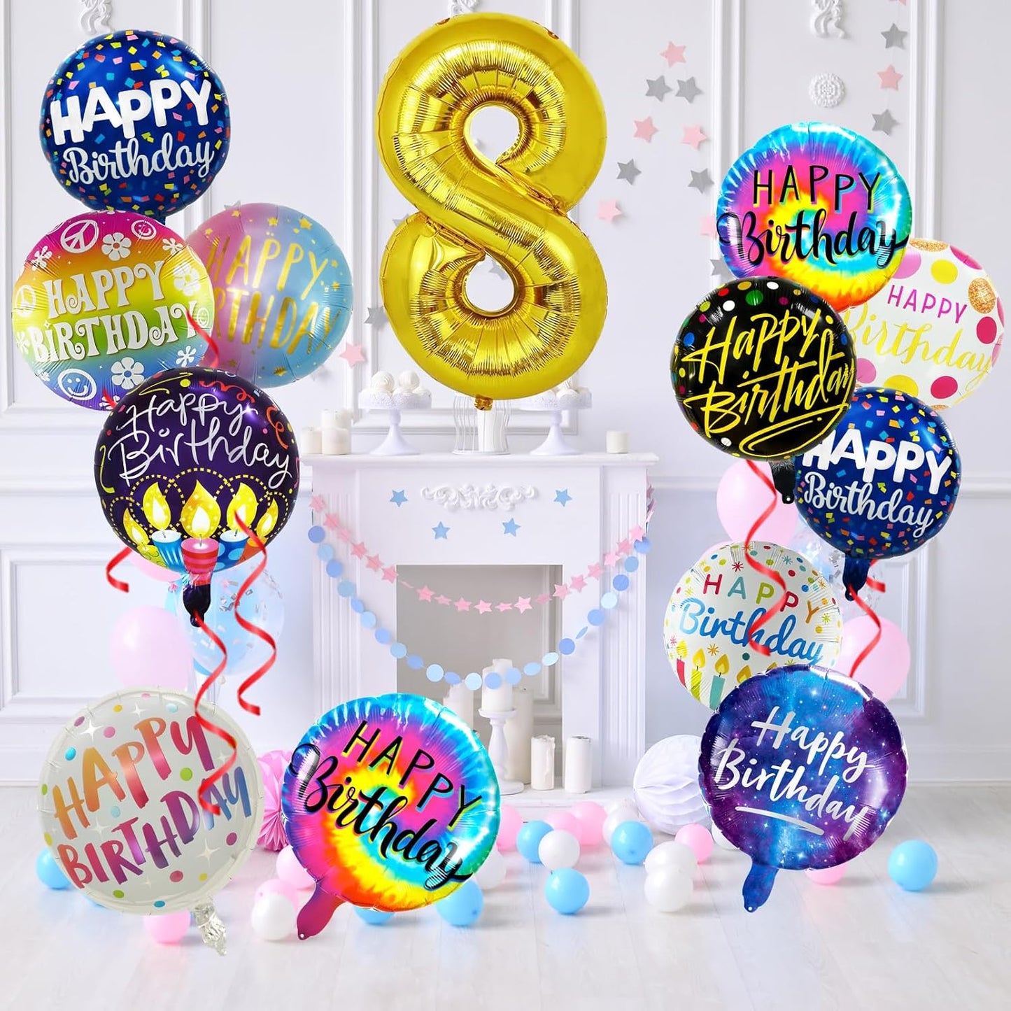 50 Pcs Happy Birthday Party Aluminum Foil Balloons and 8th Birthday Balloons, 18 Inch Round Aluminum Foil Balloon with" Happy Birthday" Sign, Birthday Party Decorations for Boys/Girls(Yellow, 8)