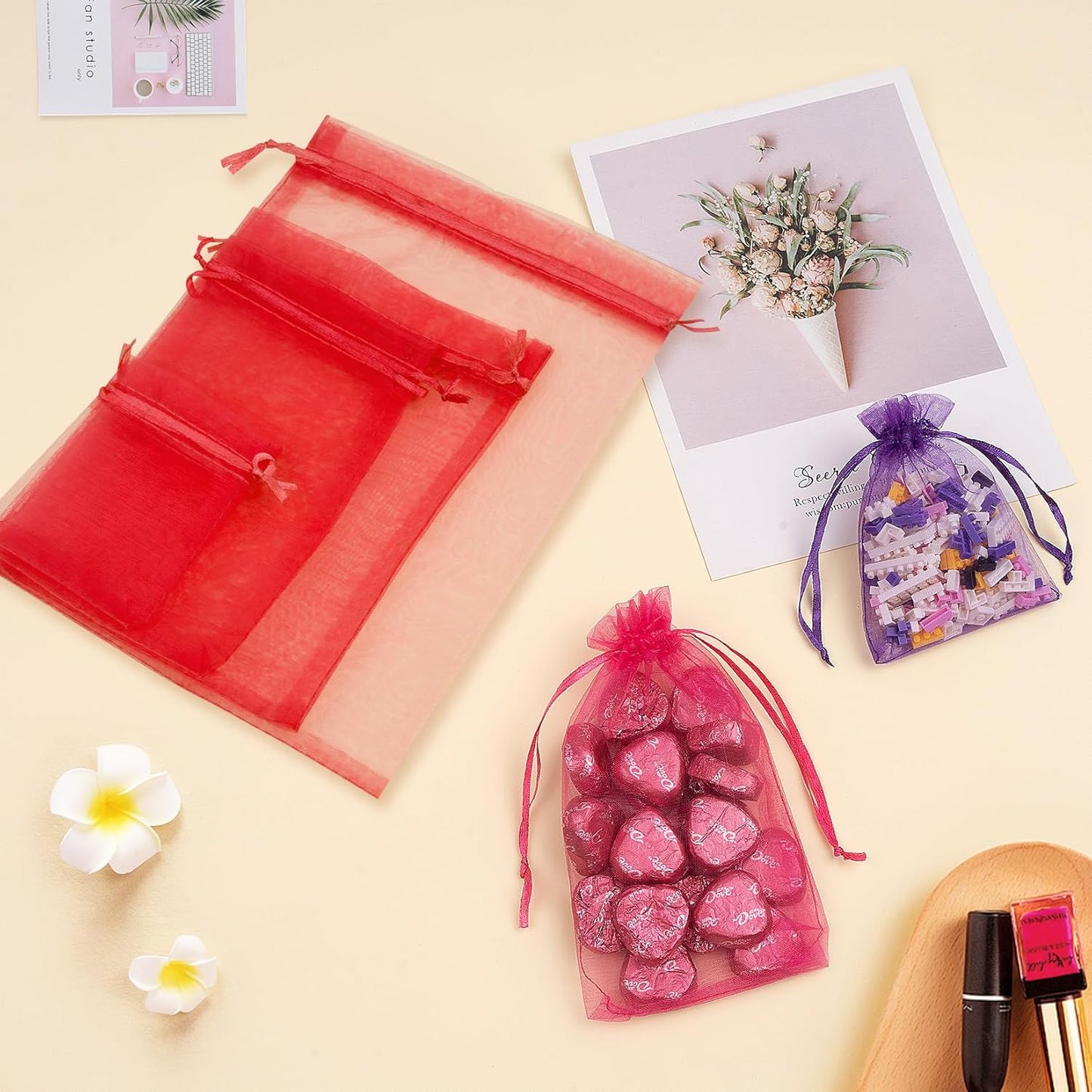 50 Pcs 5x7 Inch Organza Bags, Mesh Bags Drawstring Treat Bag Jewelry Pouch Bag for Christmas Gift Party Favor Wedding(Red)