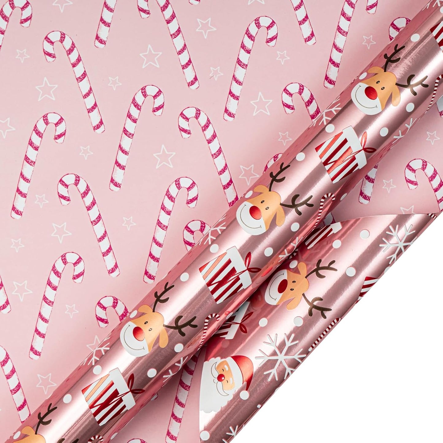 LeZakaa Christmas Pink Wrapping Paper Mini Roll, Santa Claus & Candy Cane, Metallic Foil, Rose Gold Foil Reversible Design for Festive Winter Holiday, Family Gathering, 17 inches x 32.8 Feet