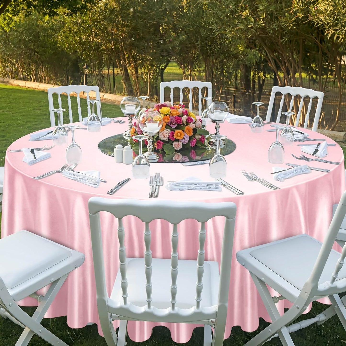 Ruisita 120 Inches Round Satin Tablecloths Light Pink Overlay Round Satin Table Cover Bright Silk Tablecloth Smooth Fabric Tablecloth for Wedding Banquet Table Decoration