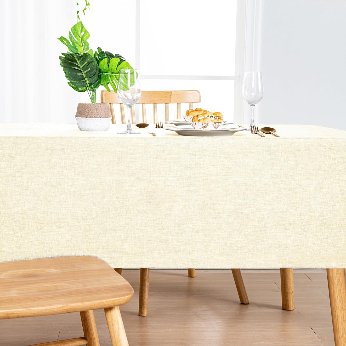 Hiasan Faux Linen Rectangle Tablecloth - Wrinkle and Stain Resistant Washable Table Cloth for Kitchen Dining Room Holiday Table Cover for Dinner, Champagne, 90 x 132 Inch
