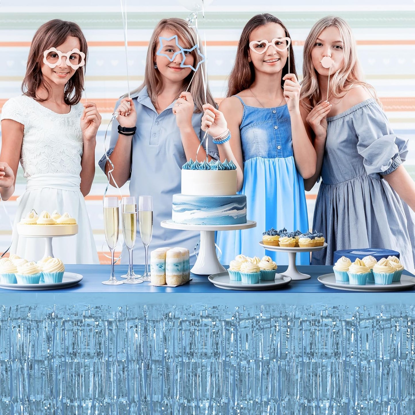 4 Pack Light Blue Table Skirts, 29x108" Metallic Foil Tinsel Fringe Table Skirts for Rectangle Tables Streamer Curtains Backdrop, Party Decorations for Birthdays Weddings Holidays