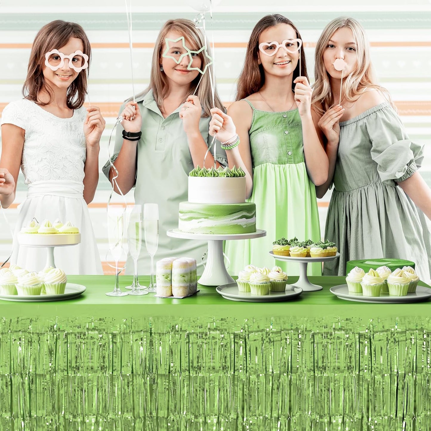 4 Pack Light Green Table Skirts, 29x108" Metallic Foil Tinsel Fringe Table Skirts for Rectangle Tables Streamer Curtains Backdrop, Party Decorations for Birthdays Weddings Holidays