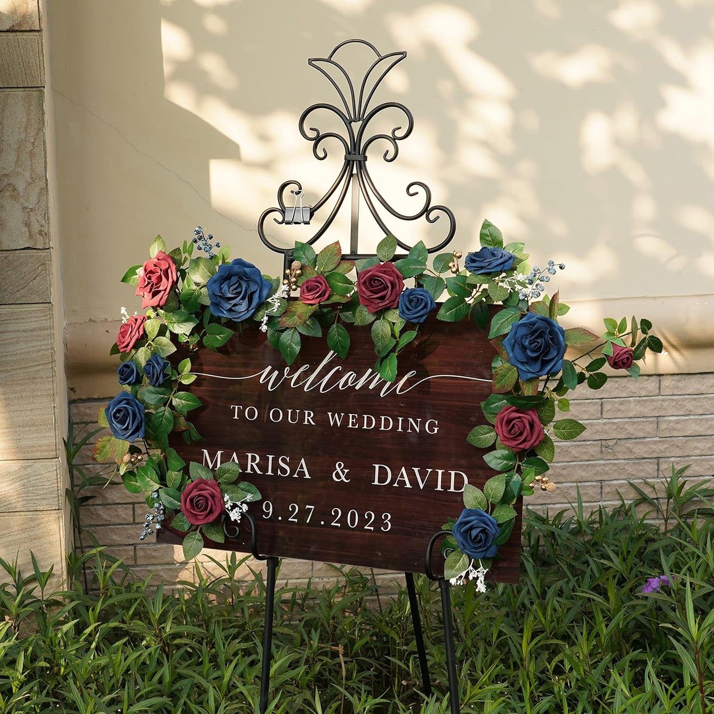 PONATIA 5FT Handcrafted Artificial Rose Flower Garland, Burgundy Flower Garland for Wedding Ceremony Garlands Backdrop Arch Flowers, Ceremony Reception Table Decorations (Burgundy & Navy)