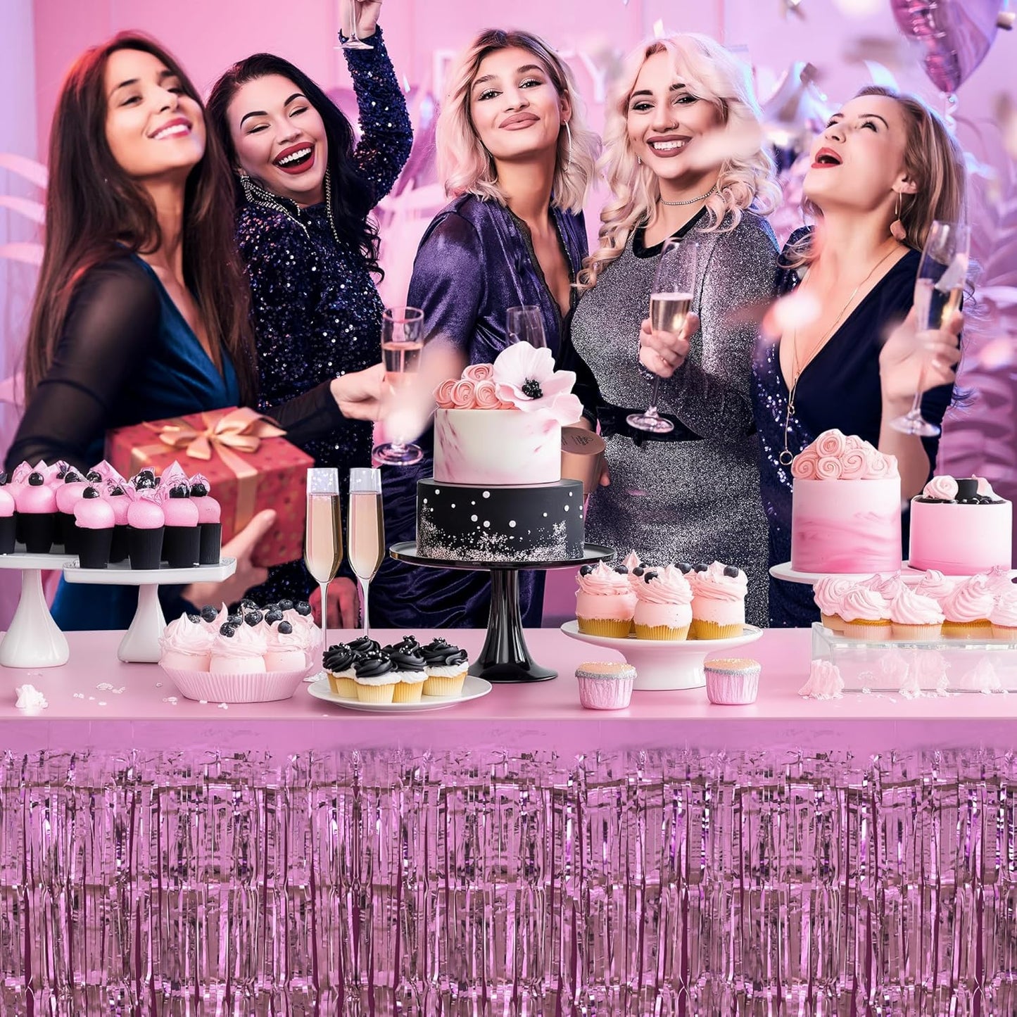 2 Pack Pink Table Skirts, 29x108" Metallic Foil Tinsel Fringe Table Skirts for Rectangle Tables Streamer Curtains Backdrop, Party Decorations for Birthdays Weddings Holidays