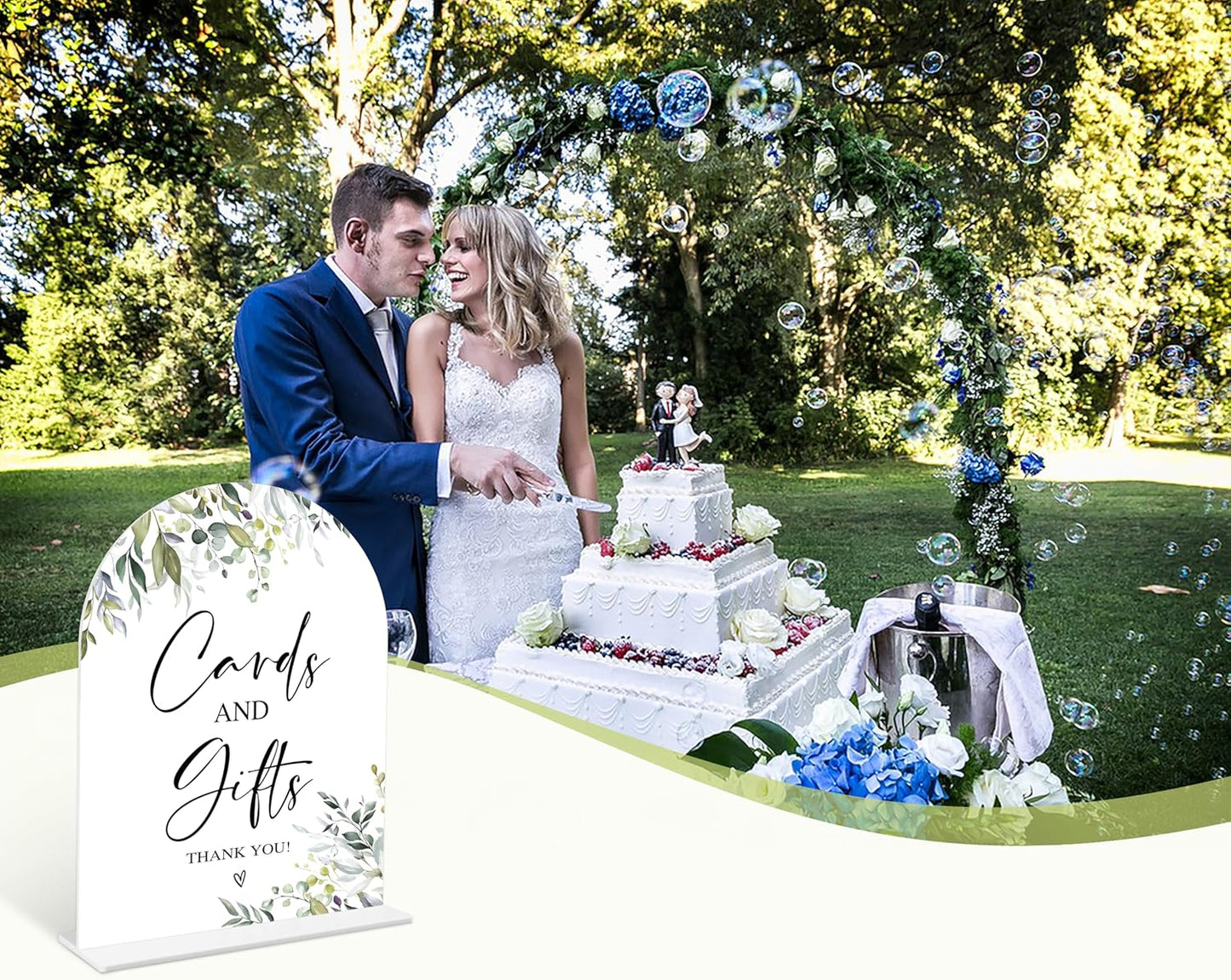 Greenery Cards and Gifts Sign, 6 x 8 Inch White Arch Acrylic Wedding Sign with Holder, Wedding Sign for Ceremony and Reception, Wedding Decoration, Wedding Supplies - LY01