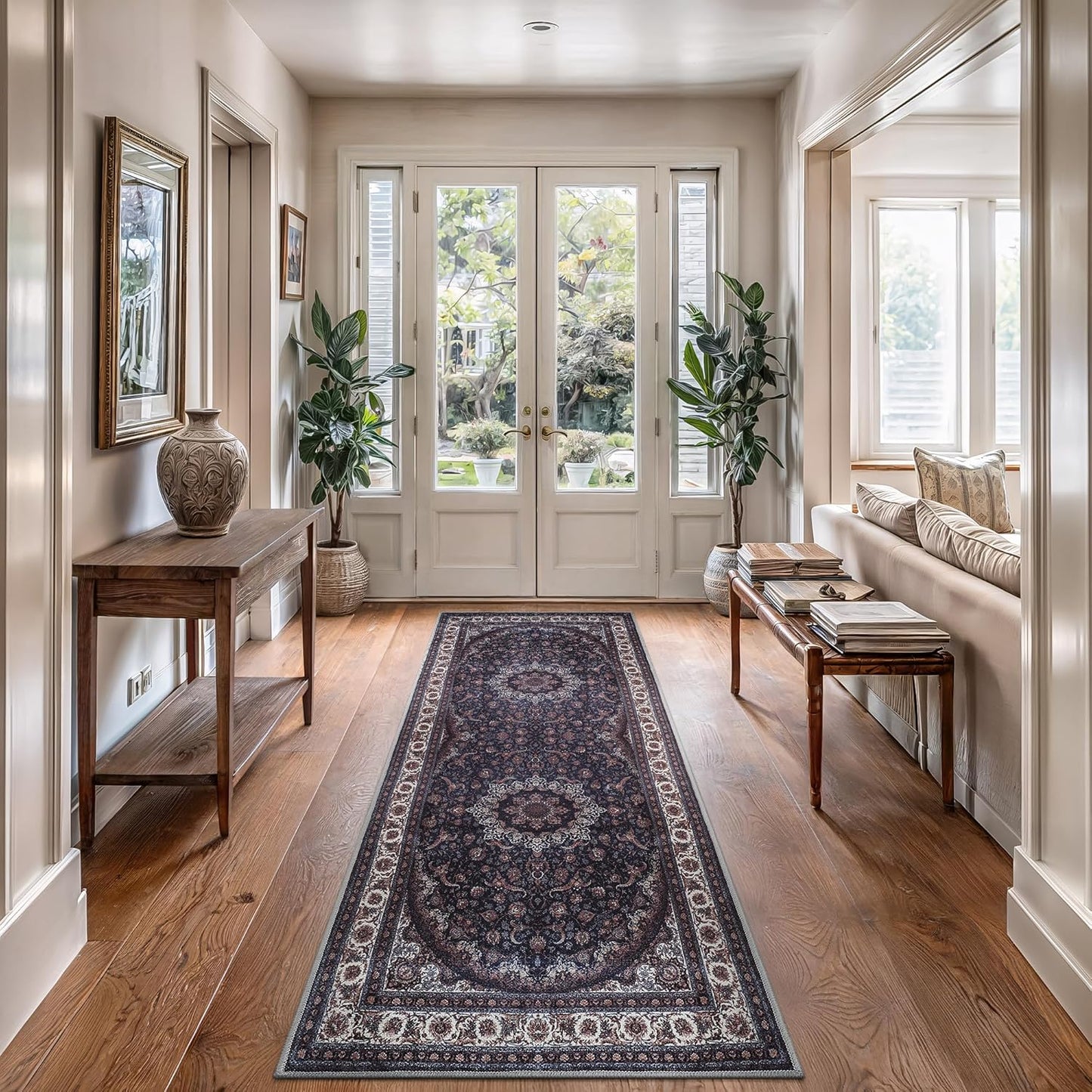 Bloom Rugs Washable Non-Slip 12 ft Runner - Navy Traditional Medallion Runner for Entryway, Hallway, Bathroom, and Kitchen - Exact Size: 2.5' x 12'