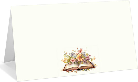 25 Pack Floral Book Theme Place Cards, Editable Name Cards for Table Setting, Tent Cards Food Label for Dinner Party, Bridal Shower, Wedding, Baby Shower and Events -T04
