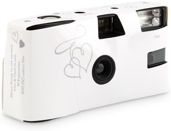 Weddingstar Disposable Camera with Flash - Single Use 35mm Film Camera for Wedding or Party Favors - Silver Enchanted Hearts
