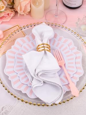 COLOSUS 150pcs Disposable Pink and White Stripped Plastic Plates and Silverware set, Light Pink Dinner/Dessert Plates silverware serve 30guests for Easter day, Wedding Party and Daily use.
