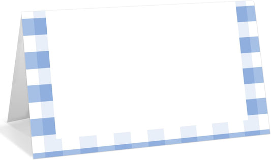 25 Pack Blue Border Place Cards, Editable Name Cards for Table Setting, Tent Cards Food Label for Dinner Party, Bridal Shower, Wedding, Baby Shower and Events -T02