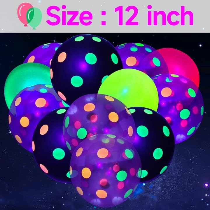 90 Pcs UV Neon Balloons,Neon Polka Dot Glow Party Balloons UV Black Light Balloons Glow in the dark for Birthday Decorations Wedding Glow Party Supplies Blacklight Carnival