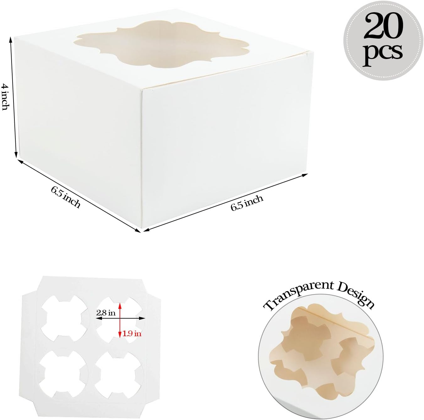 20 PCS 6.5 x 6.5 x 4 inch Paper, Cupcake Boxes with Inserts and Window Hold 4 Cupcakes, Bakery Boxes For Cupcakes Carrier, Cupcake Containers (Blue-4 Holes)