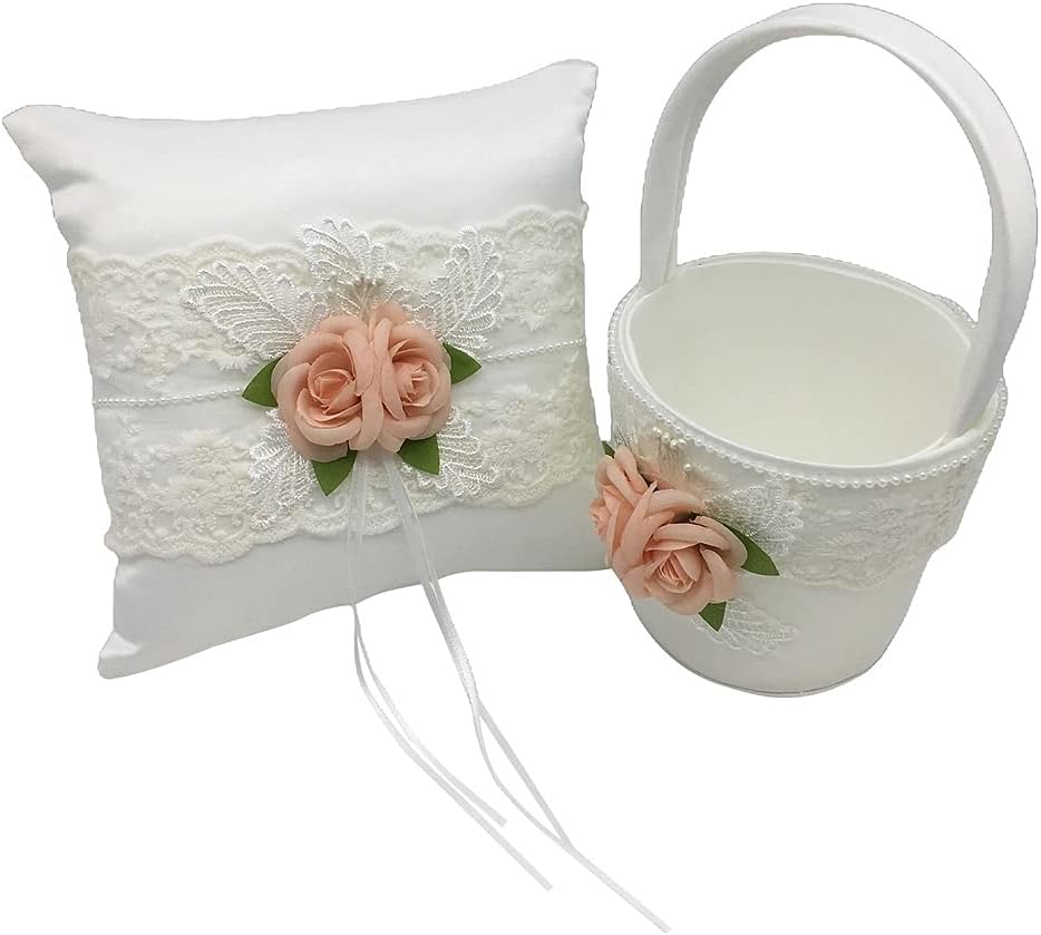 The Crafty Owl 2 Heart Rhinestones Ivory/White/Blue, Red, Purple, Black Trimming, Burlap,Pink Flowers Satin Wedding Ring Bearer Pillow and Basket Set (White lace & Pink Flowers)