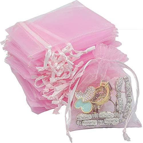 TheDisplayGuys 100-Pack XS 2 x 2 3/4" Pink Sheer Organza Gift Bags with Drawstring, Jewelry Candy Treat Wedding Party Favors Mesh Pouch