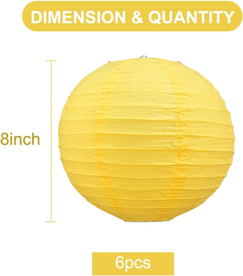 BEISHIDA 8-Inch Yellow Round Paper Lanterns Decorative Hanging Asia Chinese Japanese Paper Lanterns Lamp for Birthday Halloween Wedding Baby Bridal Shower Fall Home Decor Party Decoration（6 Packs）