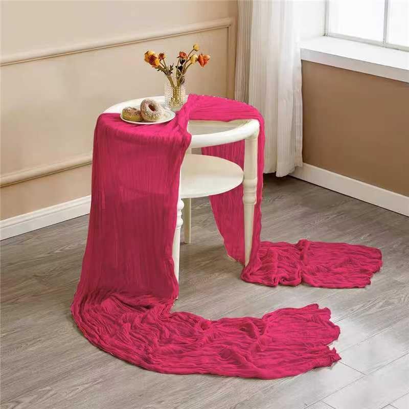 8 Pack Hot Pink 10 Ft Cheesecloth Table Runner 35x120 Inch Boho Wrinkled Sheer Romantic Gauze Decor for Wedding, Bridal Shower, Birthday Party