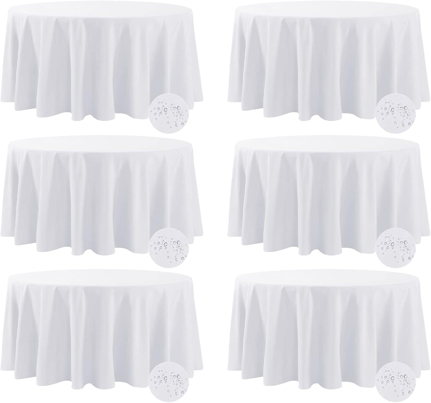 Fokitut 6 Pack Waterproof Round Tablecloth, 132 Inch, Stain Resistant and Wrinkle Polyester Table Cloth, Fabric Table Cover for Kitchen Dining, Wedding, Party, Holiday Dinner-White