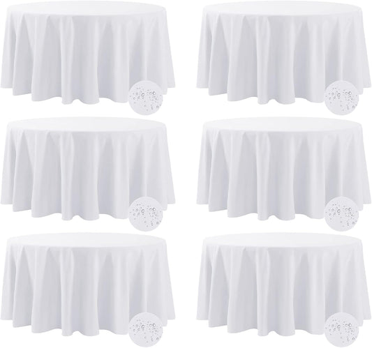 Fokitut 6 Pack Waterproof Round Tablecloth, 132 Inch, Stain Resistant and Wrinkle Polyester Table Cloth, Fabric Table Cover for Kitchen Dining, Wedding, Party, Holiday Dinner-White