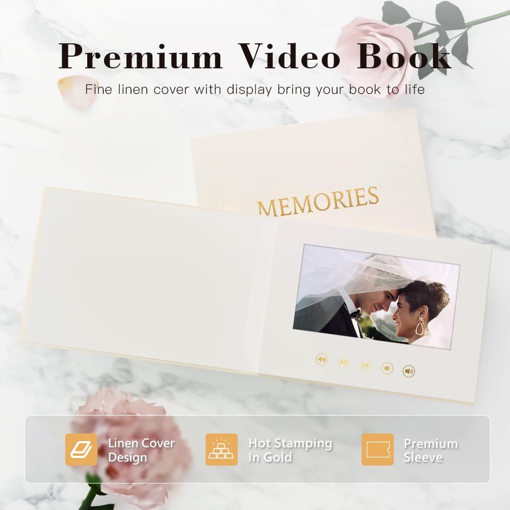MEMORIES - GOLD FOIL Luxury Linen Bound wedding Video Book wedding Album Up to 3 hours of video, 7” IPS Display, 4GB of memory & Rechargeable Battery (MEMORIES)
