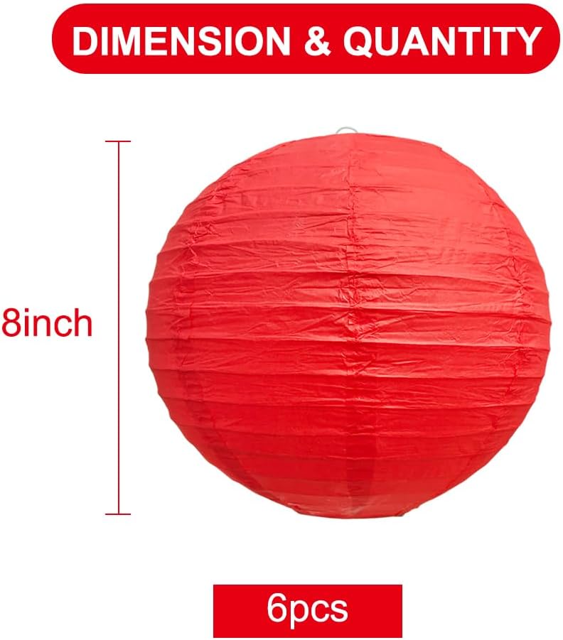 BEISHIDA 8-Inch Red Round Paper Lanterns Decorative Hanging Asia Chinese Japanese Paper Lanterns Lamp for Birthday Wedding Baby Bridal Shower Christmas Home Decor Party Decoration（6 Packs）