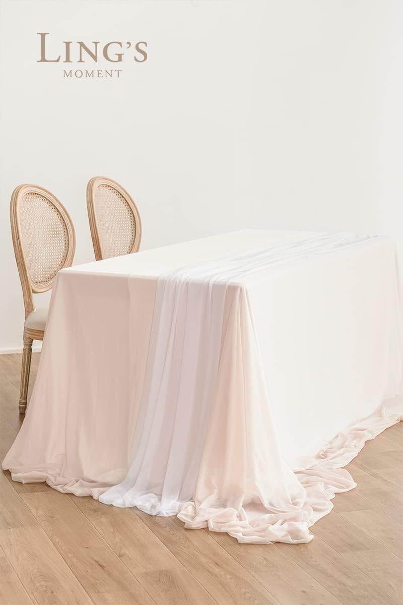 Ling's Moment Sheer Chiffon Tablecloth & Runner Set for 3x4ft Rectangle Table Decor Table Cloth in Blush & White for Wedding Reception Head/Sweetheart Desk