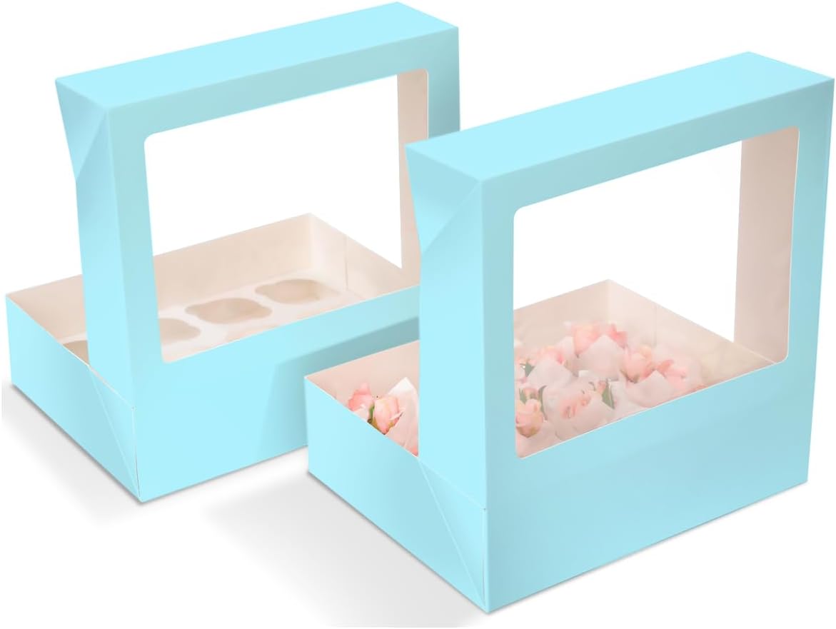 12 Cupcake Containers 10-Packs Light Blue Cupcake Box Cupcakes Carrier, 12 Cupcake Boxes with Window 13"x10"x3.5"（Auto-pop up）