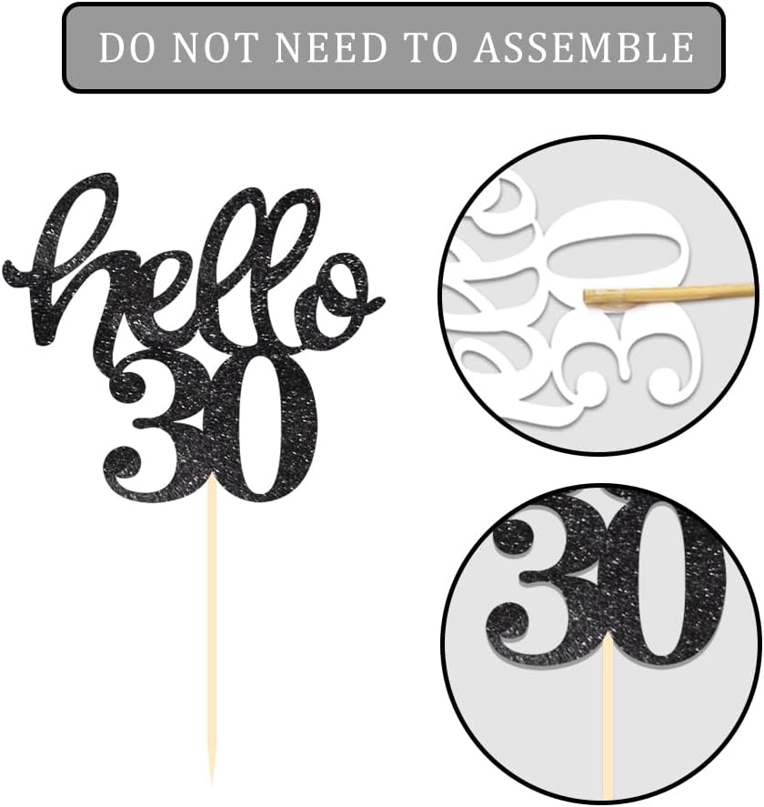 24 Pcs Black Glitter 30th Birthday Cupcake Toppers for 30th Anniversary Birthday Party Wedding Party Decorations