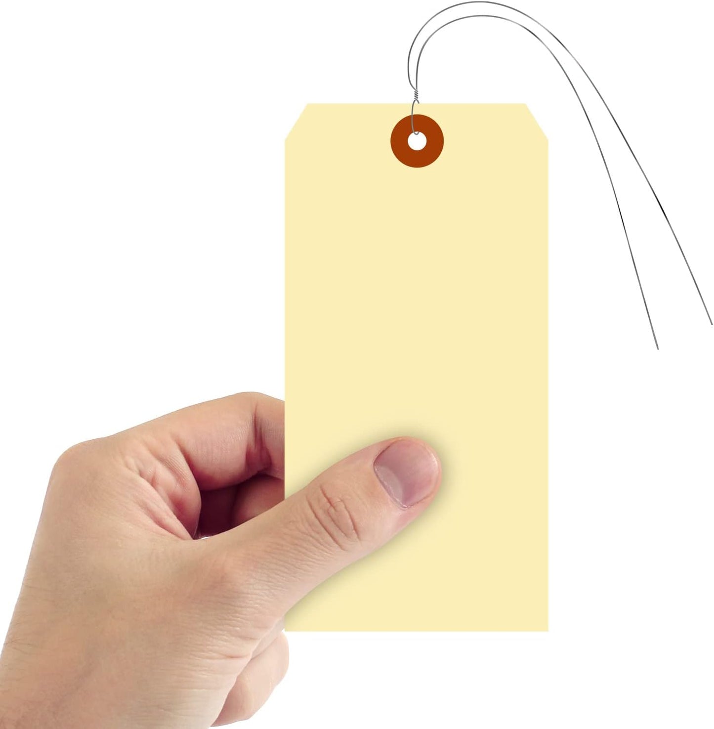 SmartSign Blank Manila Shipping Tags with Wire, Size-8, Pack of 100, 13pt Thick Prewired Cardstock Tag, 6.25 x 3.125 inch Paper Hang Tags with Reinforced Fiber Patch