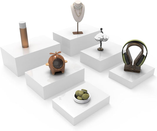 Oversized Buffet Risers, Food Display Stand for Catering Dessert Collectibles Jewelry Figures Show, White Acrylic Cuboid Display Nesting Risers with Hollow Bottoms, Cuboid, 6 Pcs, 10x12x14