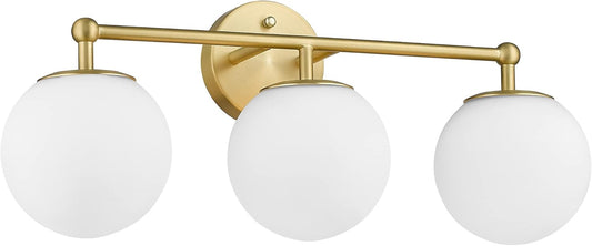 Gold Vanity Light for Bathroom, Modern Bathroom Light Fixtures Over Mirror Brushed Gold Vanity Lights 3-Light Wall Sconce with Milky Glass Globe Shade for Mirror Living Room Bedroom Hallway