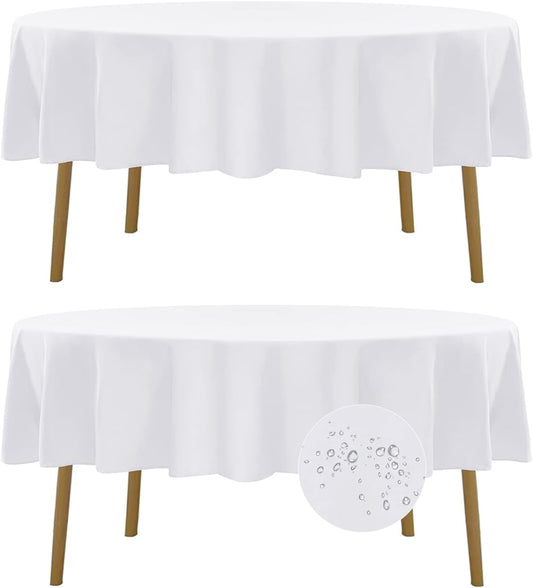 Fokitut 2 Pack Waterproof Round Tablecloth, 70 Inch, Stain Resistant and Wrinkle Polyester Table Cloth, Fabric Table Cover for Kitchen Dining, Wedding, Party, Holiday Dinner-White