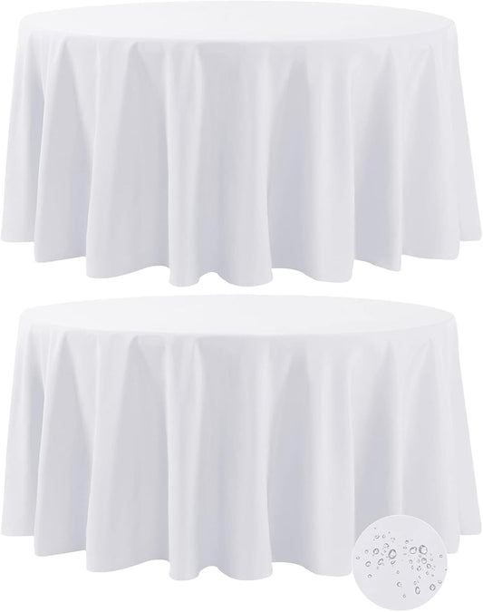 Fokitut 2 Pack Waterproof Round Tablecloth, 120 Inch, Stain Resistant and Wrinkle Polyester Table Cloth, Fabric Table Cover for Kitchen Dining, Wedding, Party, Holiday Dinner-White