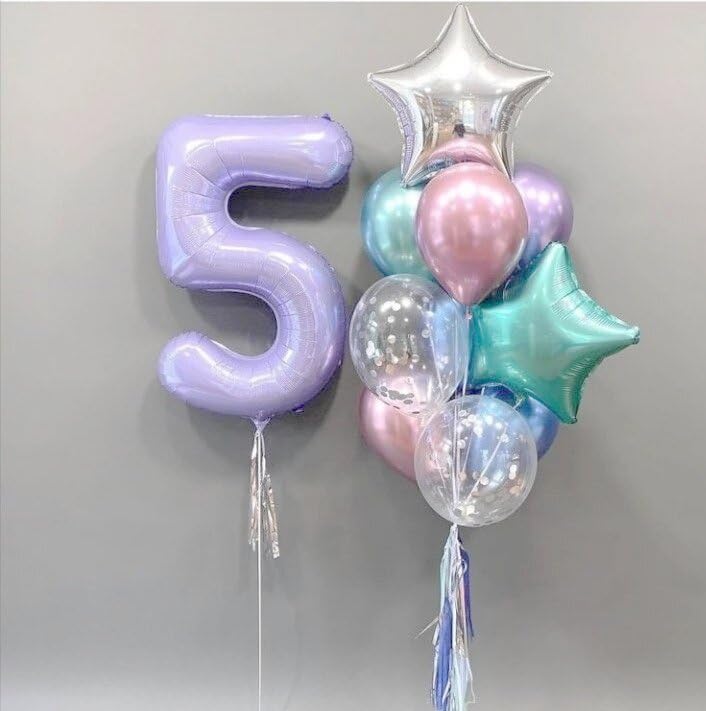 Lilac 40 Inch Large Number 5 Birthday Balloon, Five 5th 15 25 35 50 55 Birthday Celebration Decorations, Lavender Foil 5 Mylar Helium Balloons Girl Boy Anniversary Party Supplies