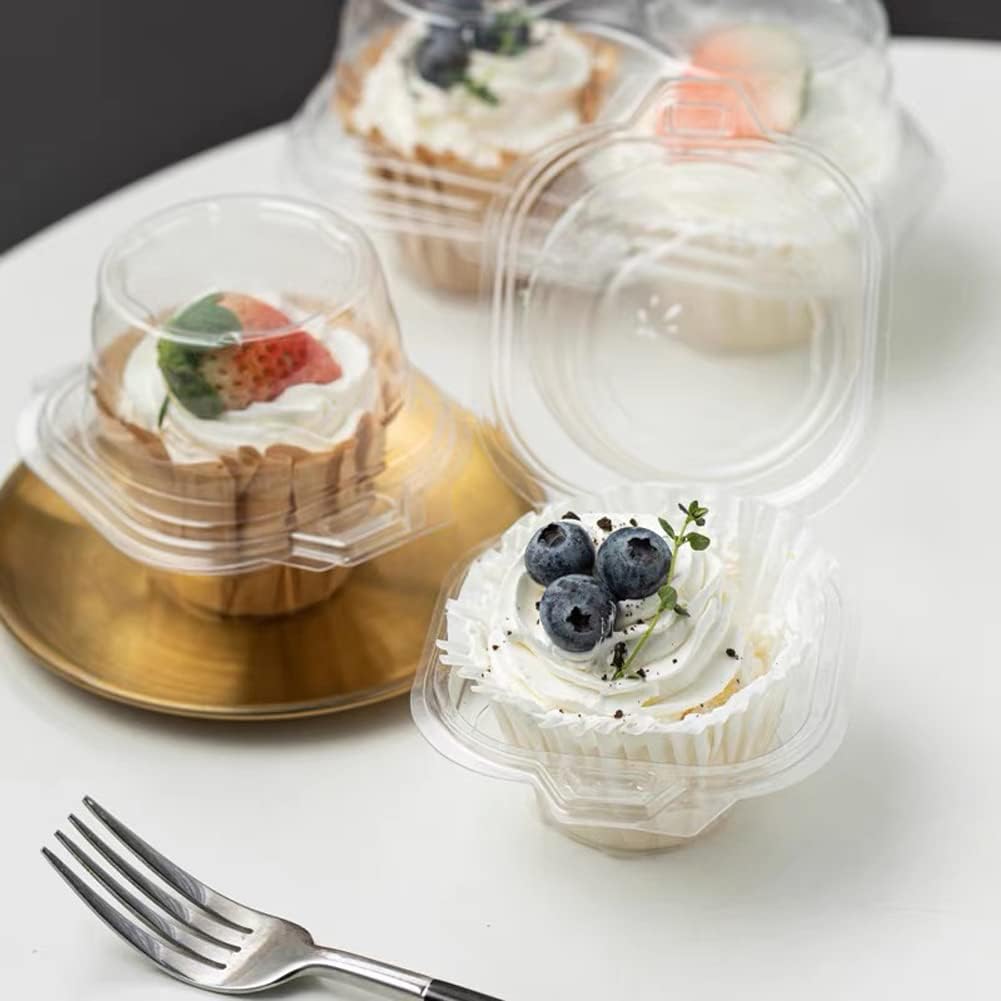 50 Pcs Cupcake Boxes Plastic Individual Cupcake Containers Single Cupcake Carrier with Connected Airtight Dome Lid for Party