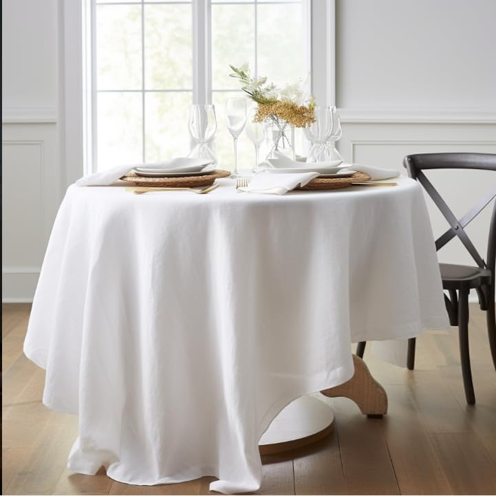 EVERLY 100% Pure Linen Round Tablecloths 70Inch Round Machine Washable Tablecloth for Thanksgiving,Decorative Halloween,Buffet Parties,Picnic,Events,Weddings and Restaurants-White