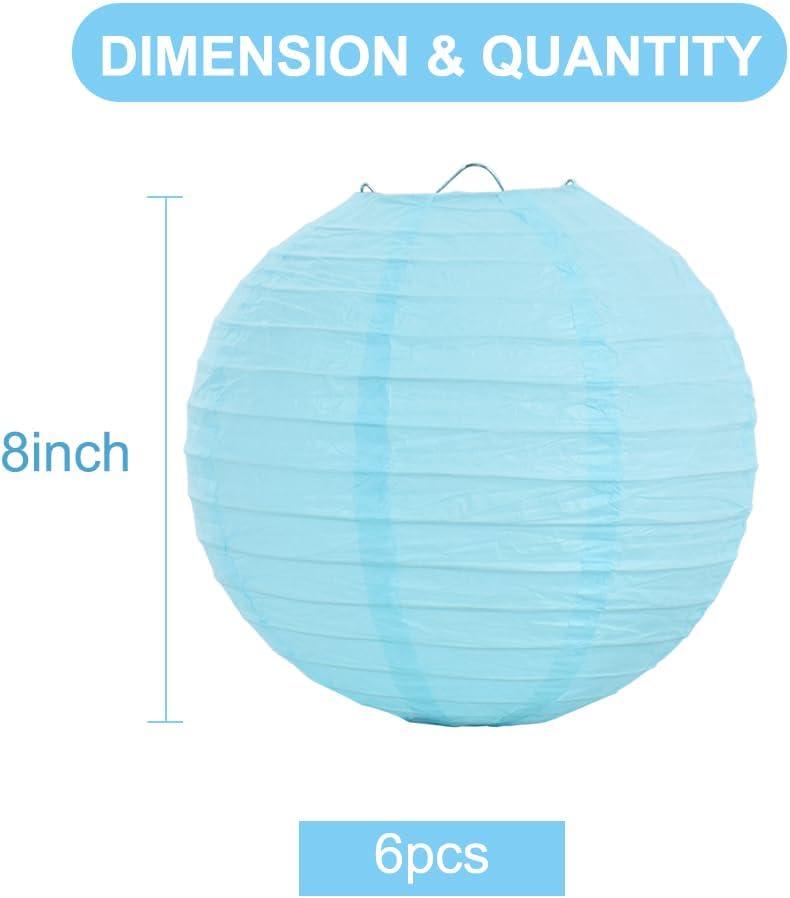 BEISHIDA 8-Inch Light Blue Round Paper Lanterns Decorative Hanging Asia Chinese Japanese Paper Lanterns Lamp for Birthday Wedding Baby Shower Home Decor Party Decoration（6 Packs）