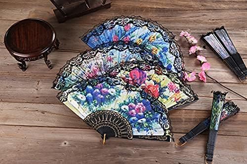 HUNANBANG 4 Pieces Folding Hand Fans Church Wedding Gift, Party Favors, DIY Decoration Gift Size9 Wholesale 4pack (Spanish 4pack)