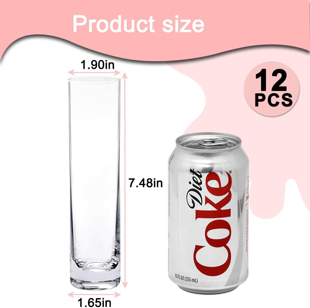 12 Pack 7.5 Inch Glass Cylinder Bud Vases for Centerpieces Clear Slim Flower Vases Tall Glass Cylinder Vase Small Vase for Single Rose Vases Bulk, Home Aesthetic Desk Decor