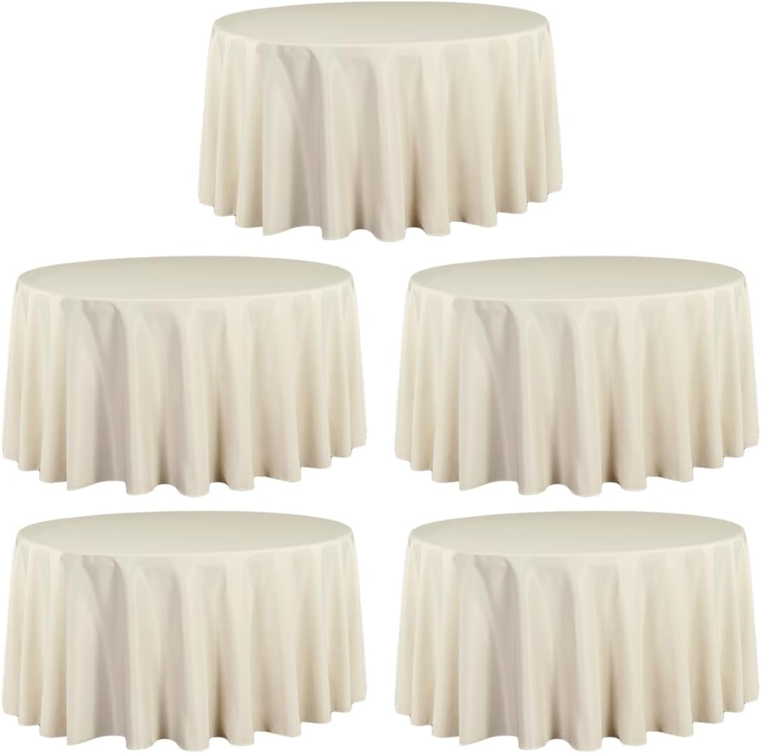 LTC LINENS 5 Pack 120 Inch Round Tablecloth Beige - Bulk for 60 Inch Round Table Floor Length - Wrinkle Resistant Polyester Fabric Cloth for Wedding